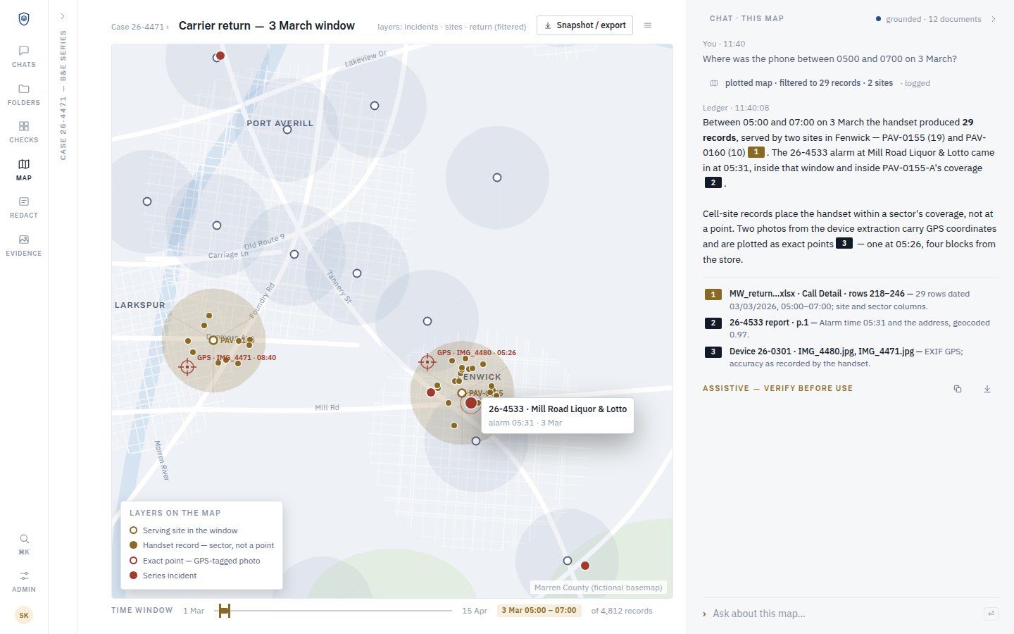 The map tool showing a fictional carrier return over a two-hour window: serving cell sites, handset records and one incident, with the answer written out beside it.